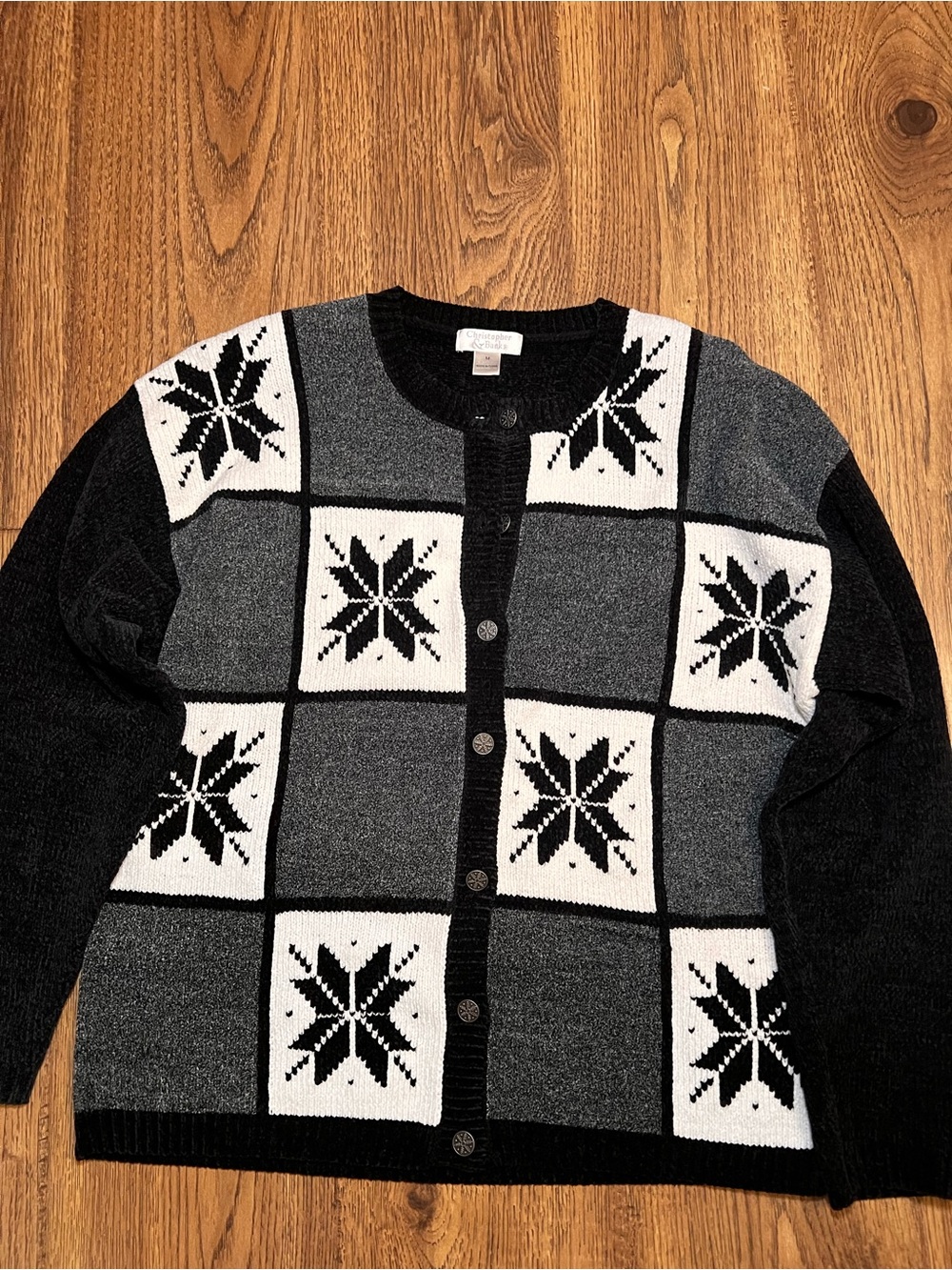 Christopher & Banks Black Gray White Snowflake Grid Cardigan